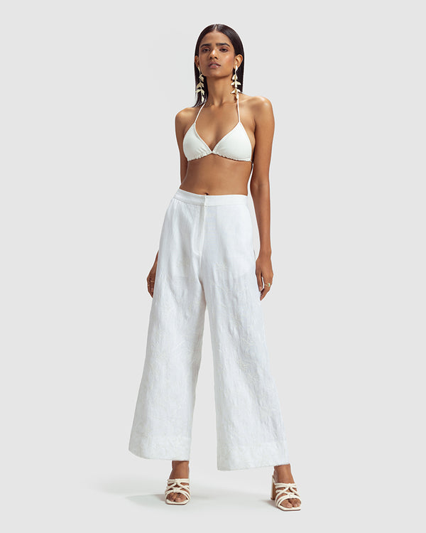 Talitha White Linen Palazzo Pant With Dori Embroidery