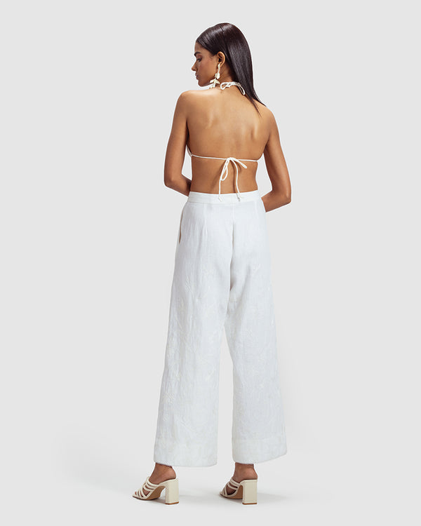 Talitha White Linen Palazzo Pant With Dori Embroidery