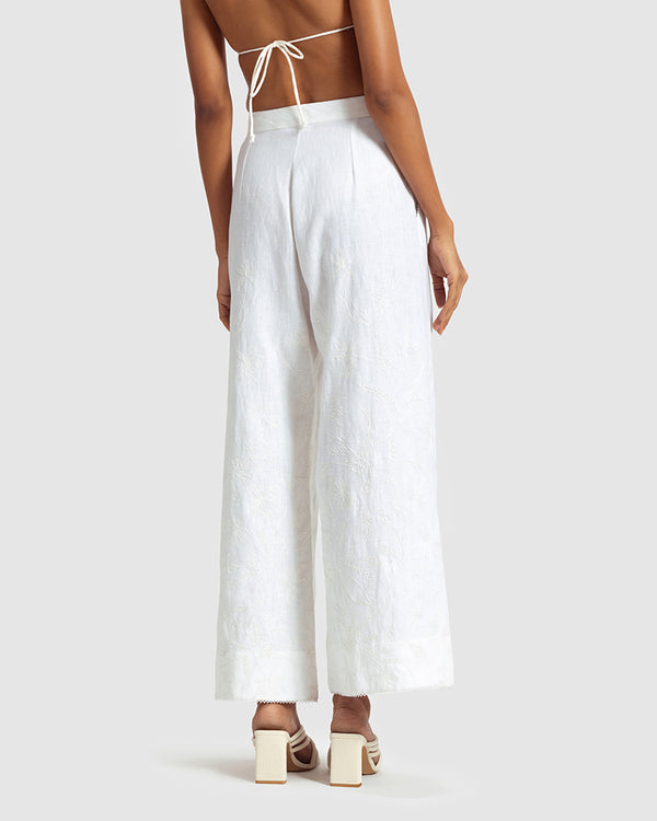 Talitha White Linen Palazzo Pant With Dori Embroidery