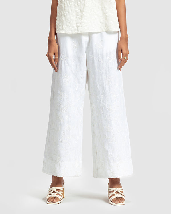 talitha White Linen Palazzo Pant With Dori Embroidery