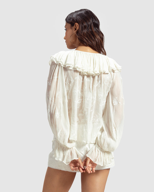 Talitha White Ruffled Silk Blouse With Dori Embroidery