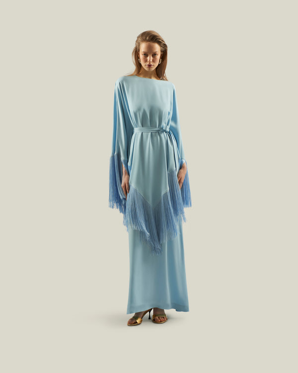 Taller Marmo Bohemian Hand Tie Fringes Kaftan In Baby Blue