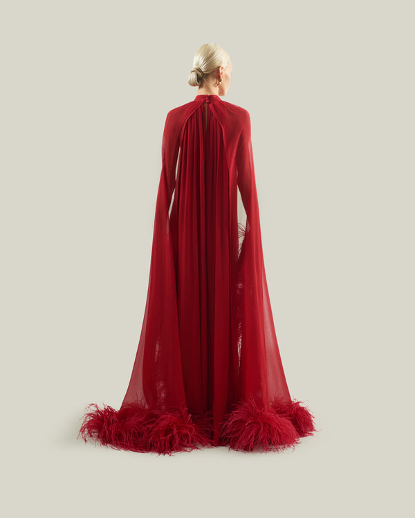Taller Marmo Feathered Eterea Gown In Ruby