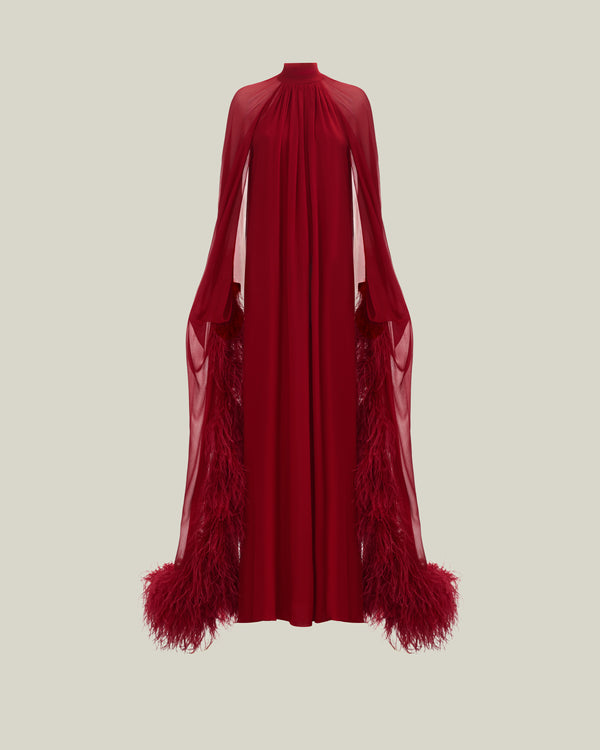 Taller Marmo Feathered Eterea Gown In Ruby