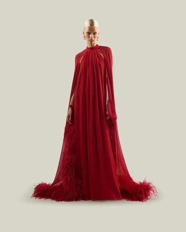 taller marmo Feathered Eterea Gown in Ruby