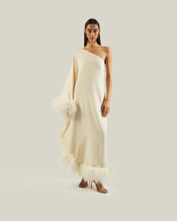taller marmo Feathered Ubud Dress in Ivory