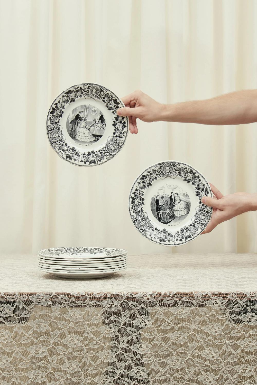 Tanner Fletcher Antique Black Toile French Plate Set Of 10