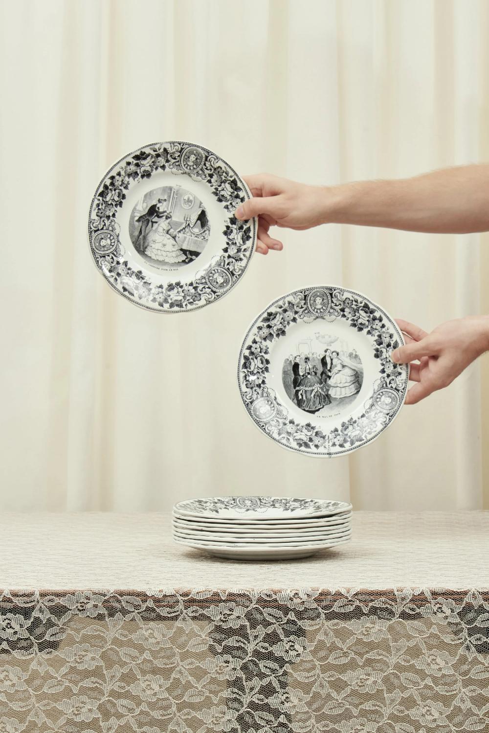 Tanner Fletcher Antique Black Toile French Plate Set Of 10