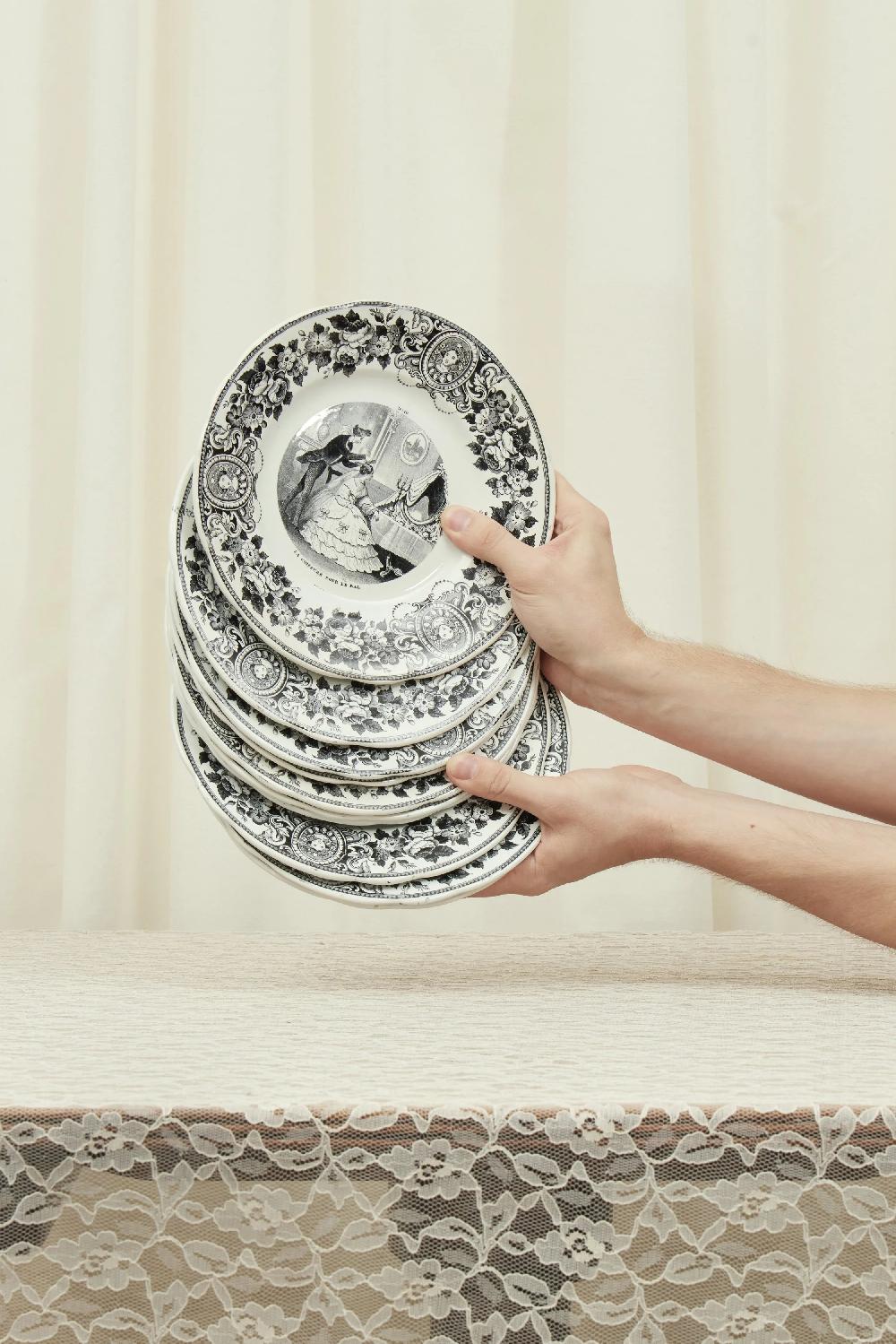 tanner fletcher Antique Black Toile French Plate Set of 10