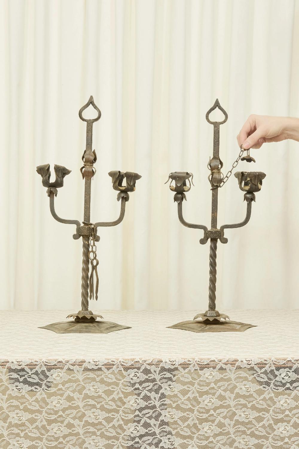 Tanner Fletcher Antique Forged Iron Candelabra Set/2