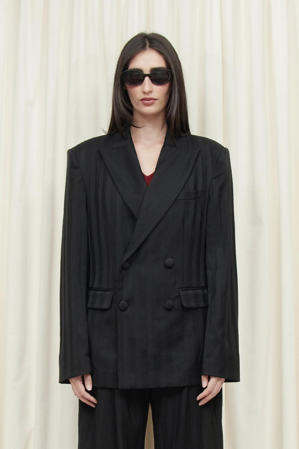 Tanner Fletcher Benedict Double Breasted Satin Stripe Blazer