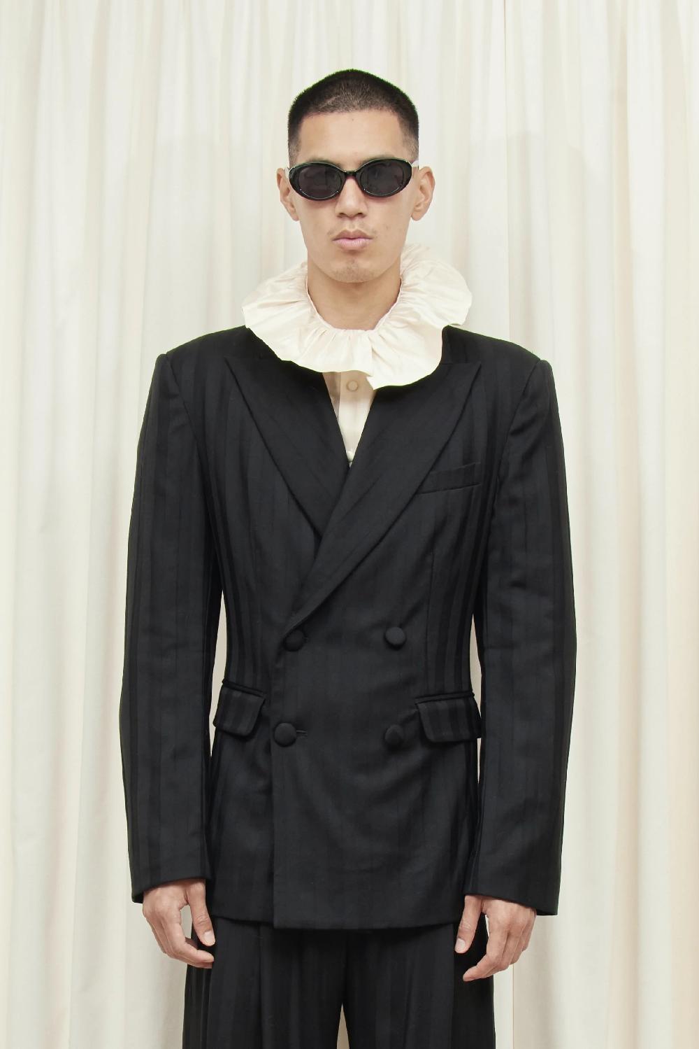 tanner fletcher Benedict Double Breasted Satin Stripe Blazer