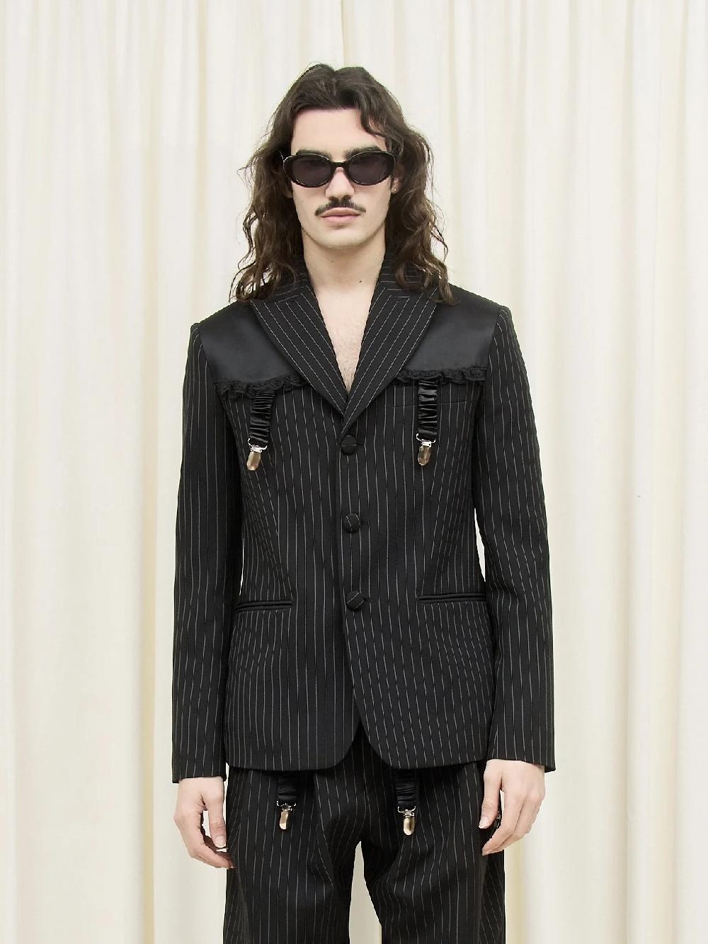 tanner fletcher Gussie Pinstripe Garter Detail Blazer