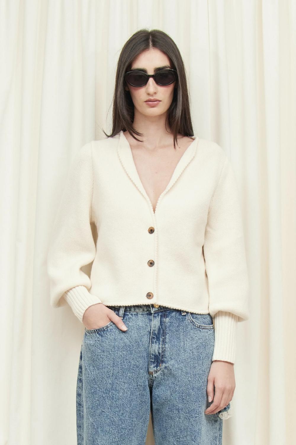 tanner fletcher Juliet Puff Sleeve Cardigan Sweater