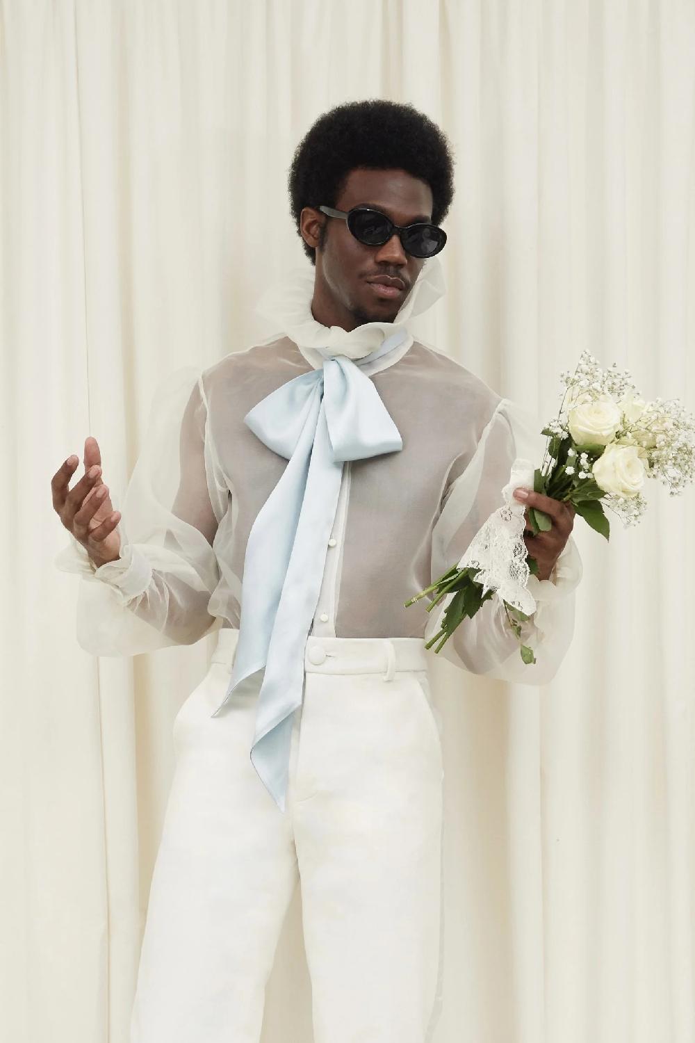 Tanner Fletcher Simone Sheer Organza Pussybow Blouse - Blue Tie