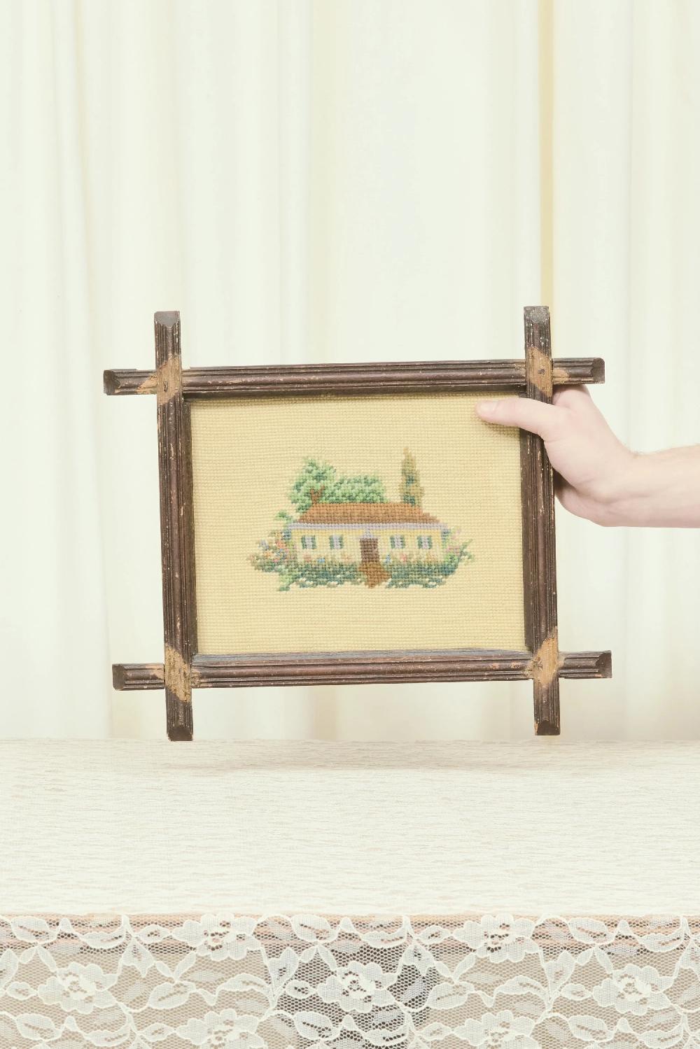 tanner fletcher Antique Framed Cottage Needlepoint