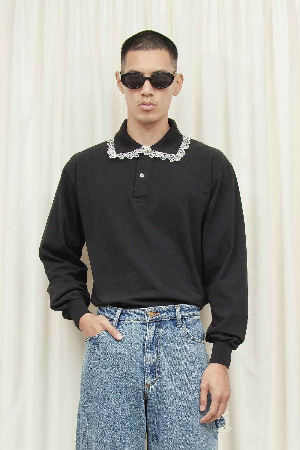 tanner fletcher Cletus Lace Trim Long Sleeve Polo