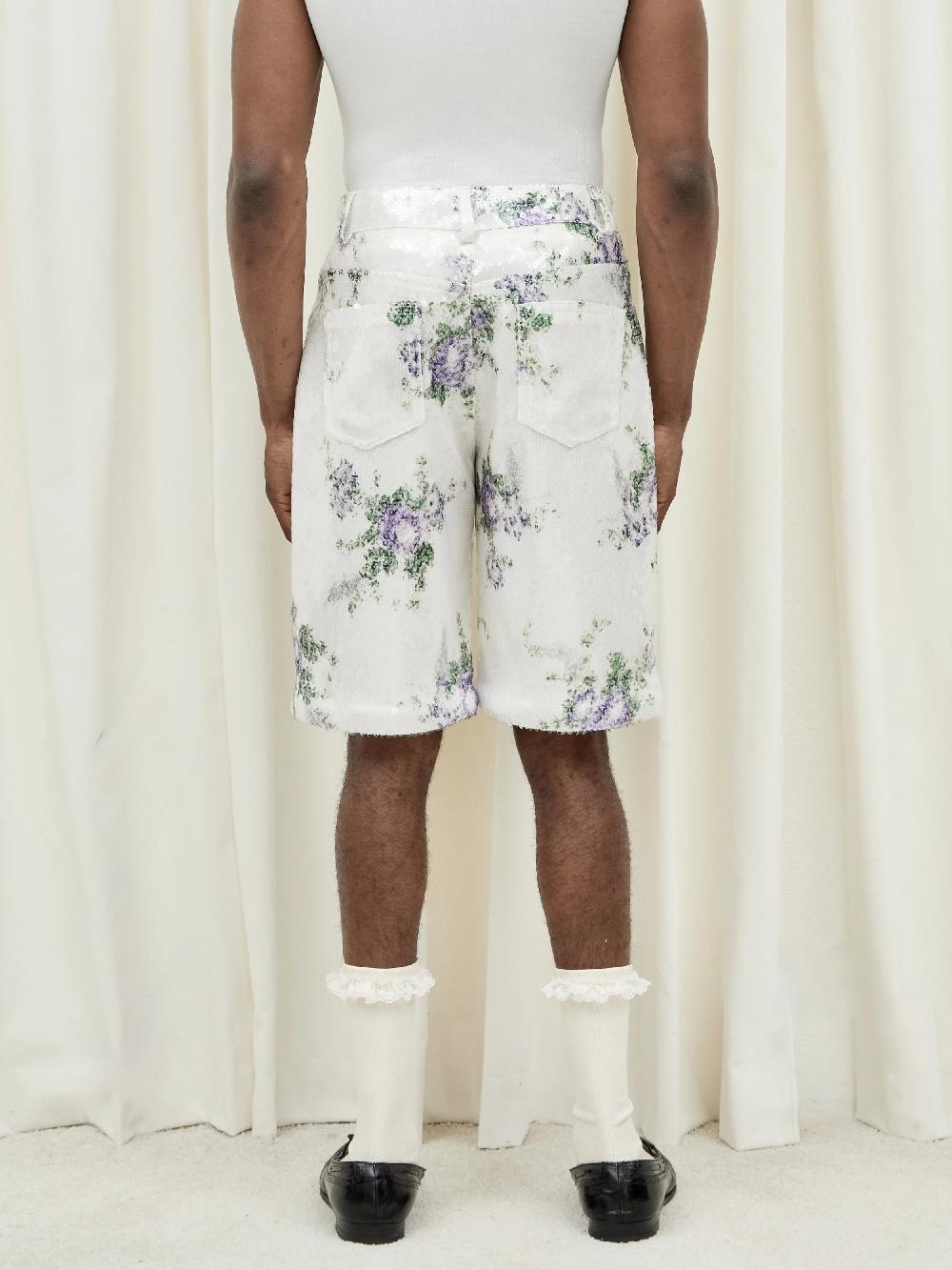 Tanner Fletcher Sid Shorts In Purple Floral Sequin