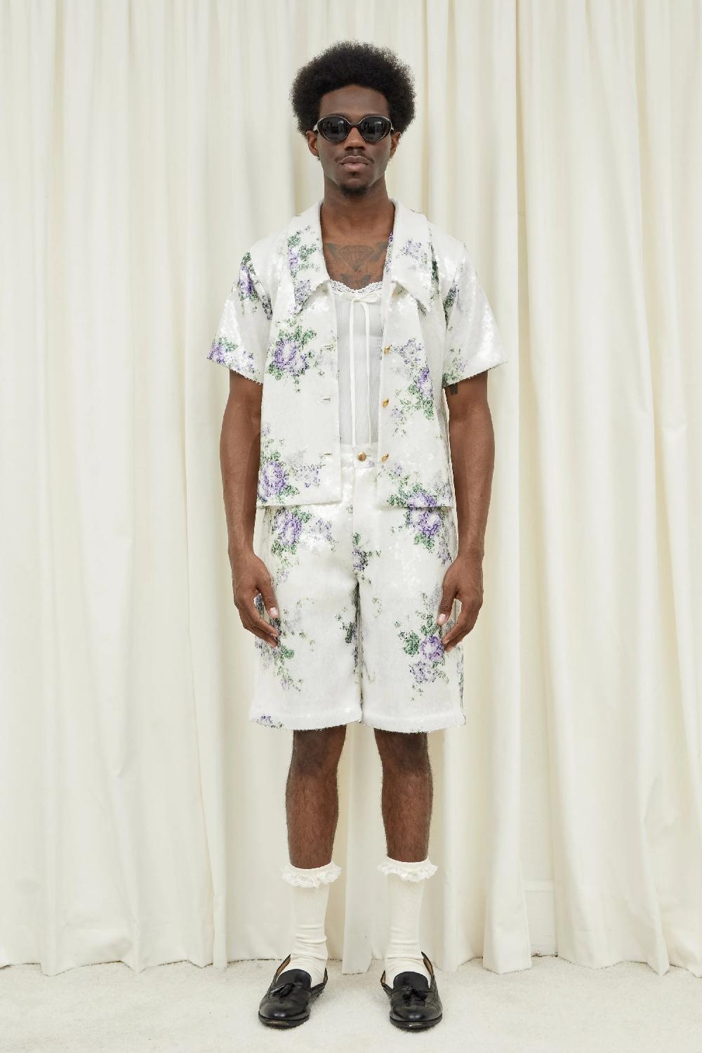 Tanner Fletcher Sid Shorts In Purple Floral Sequin