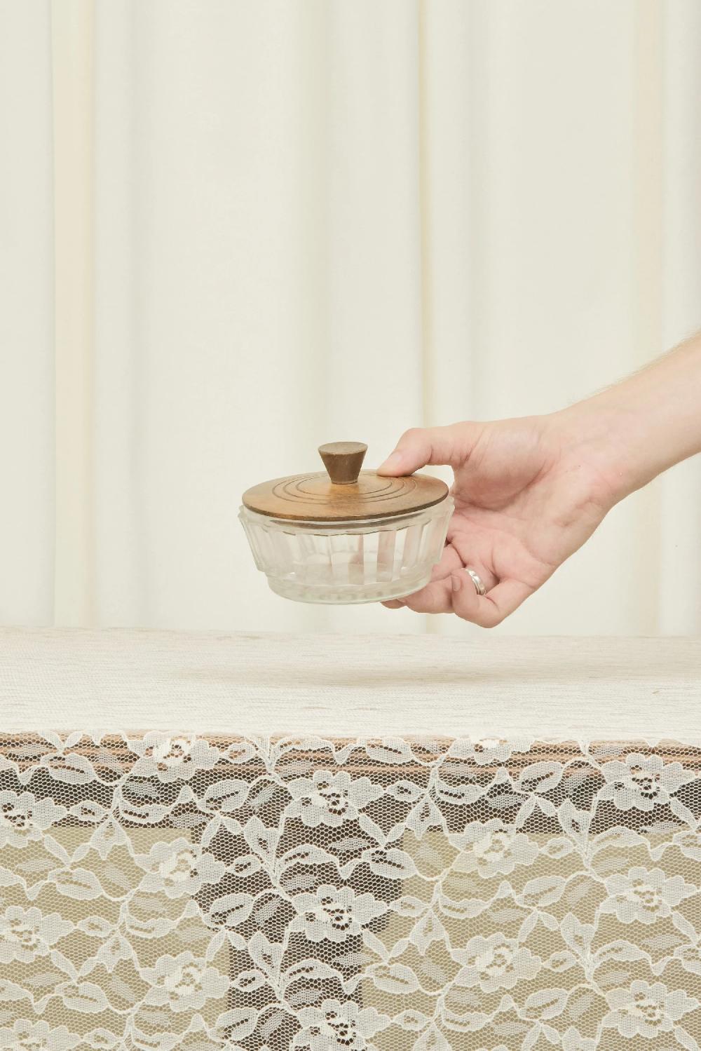 tanner fletcher Vintage Glass Dish with Wooden Lid