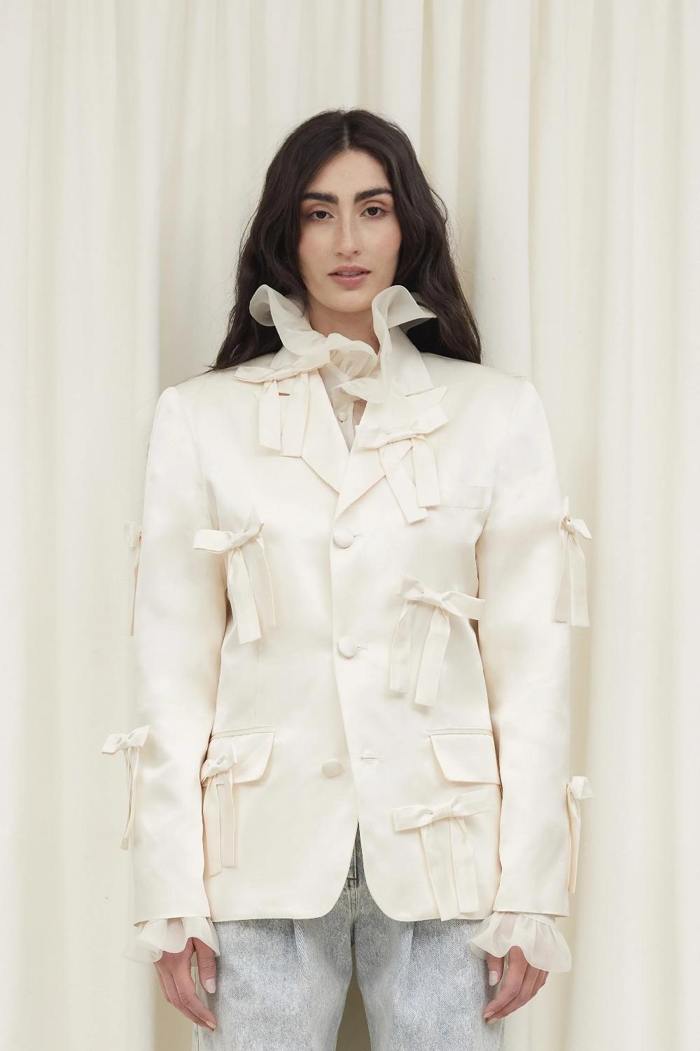 tanner fletcher Walt Silk Satin Bow Blazer