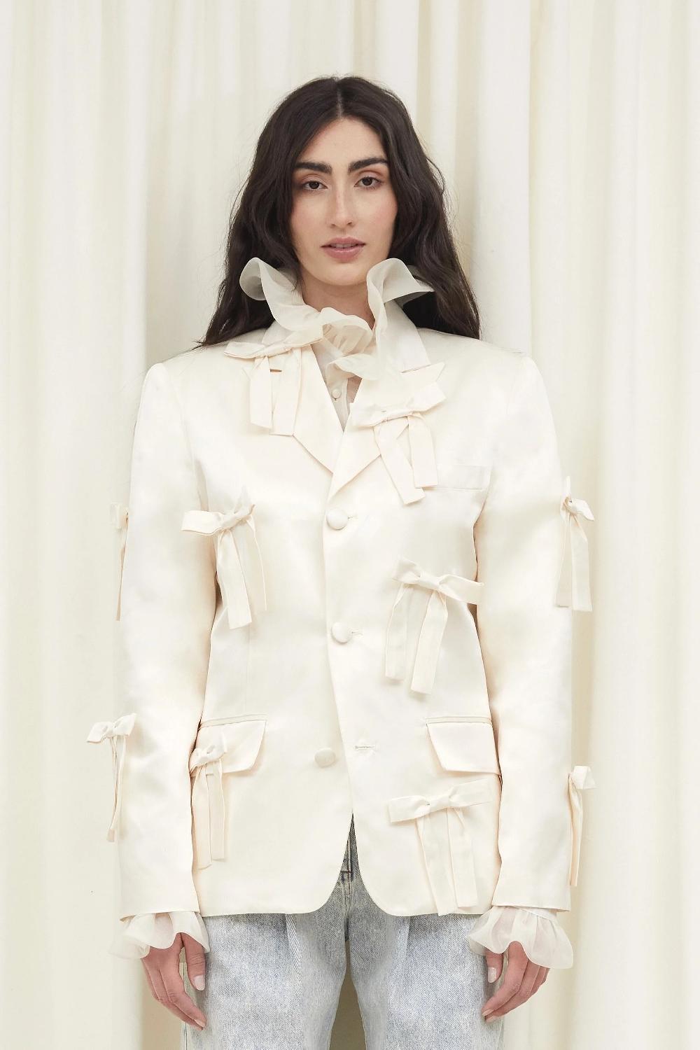 tanner fletcher Walt Silk Satin Bow Blazer