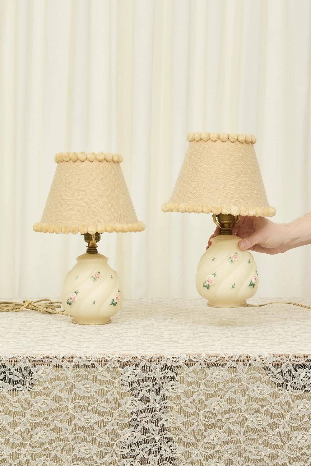 tanner fletcher Vintage Floral Lamp with Pom Pom Shade