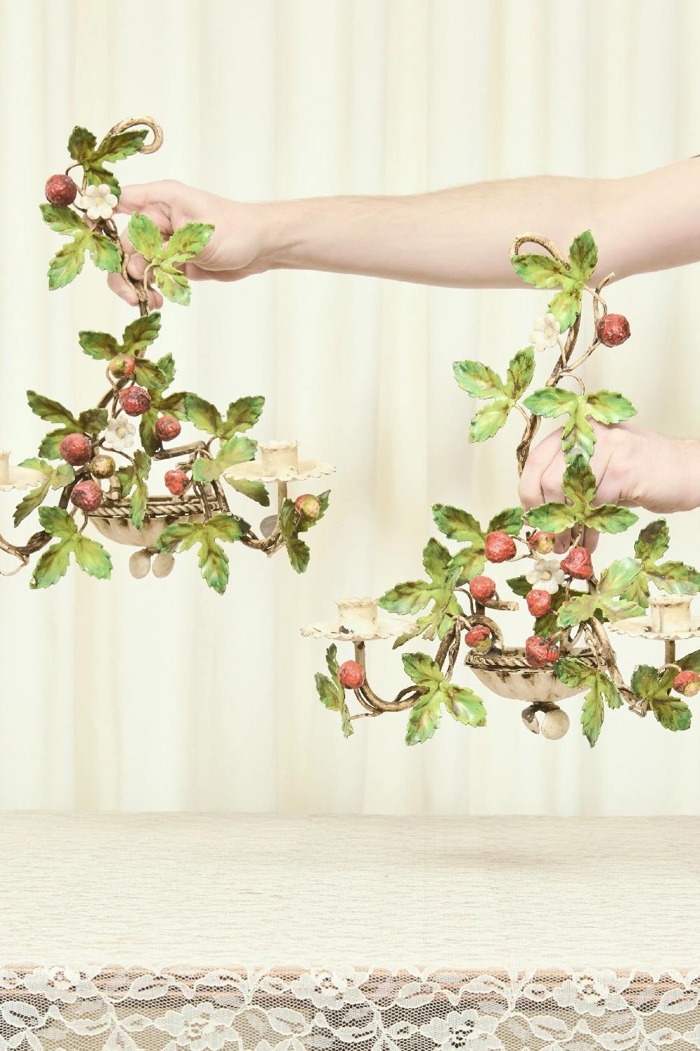 Tanner Fletcher Vintage Italian Metal Strawberry Candle Sconces Set/2 (1950's)