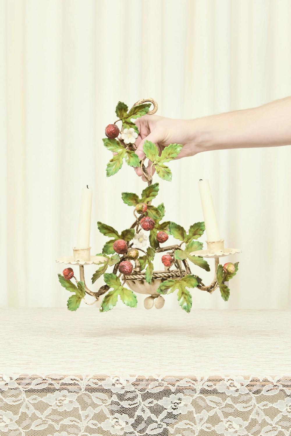 tanner fletcher Vintage Italian Metal Strawberry Candle Sconces Set/2 (1950's)