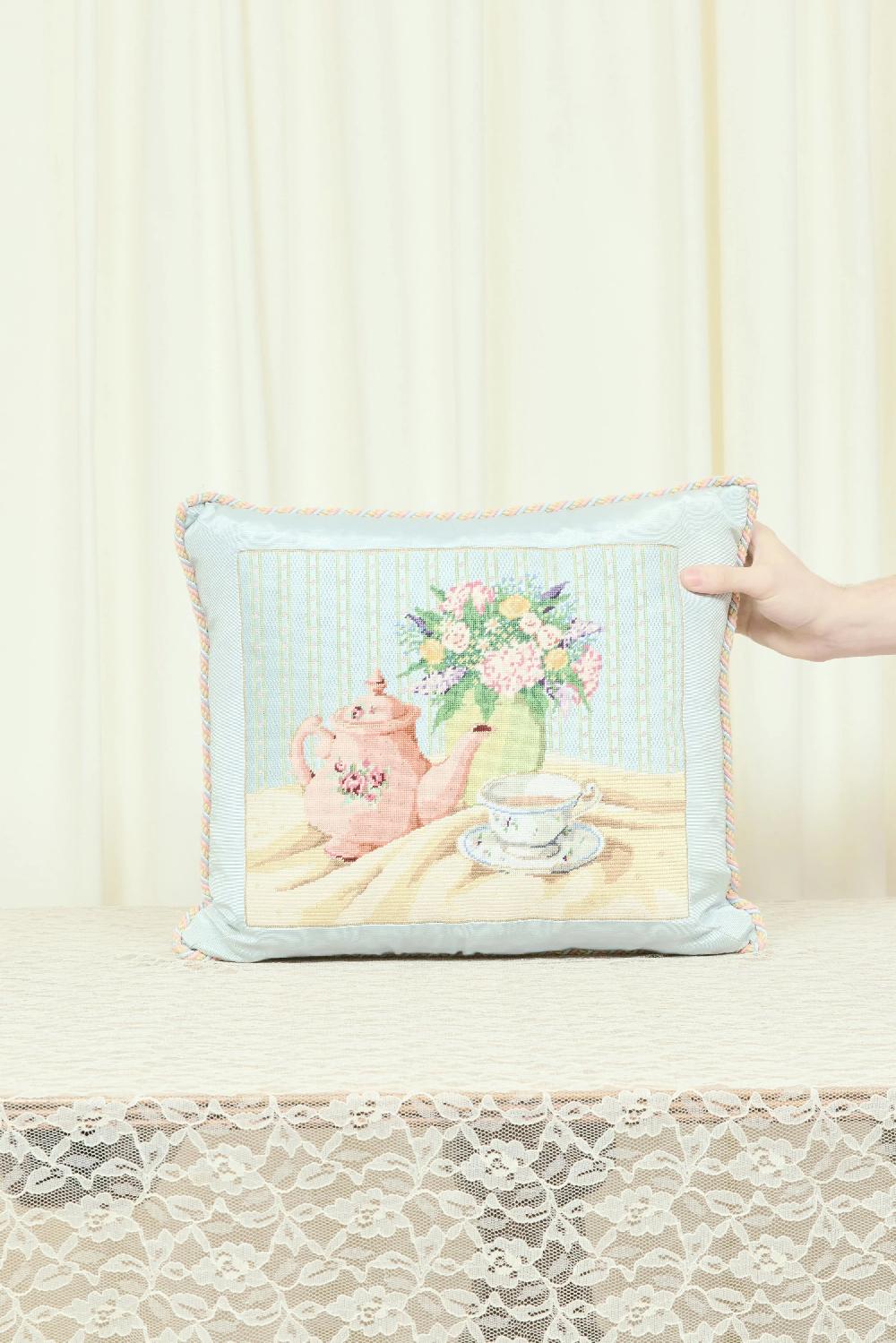 Tanner Fletcher Vintage Tea Scene Needlepoint Pillow