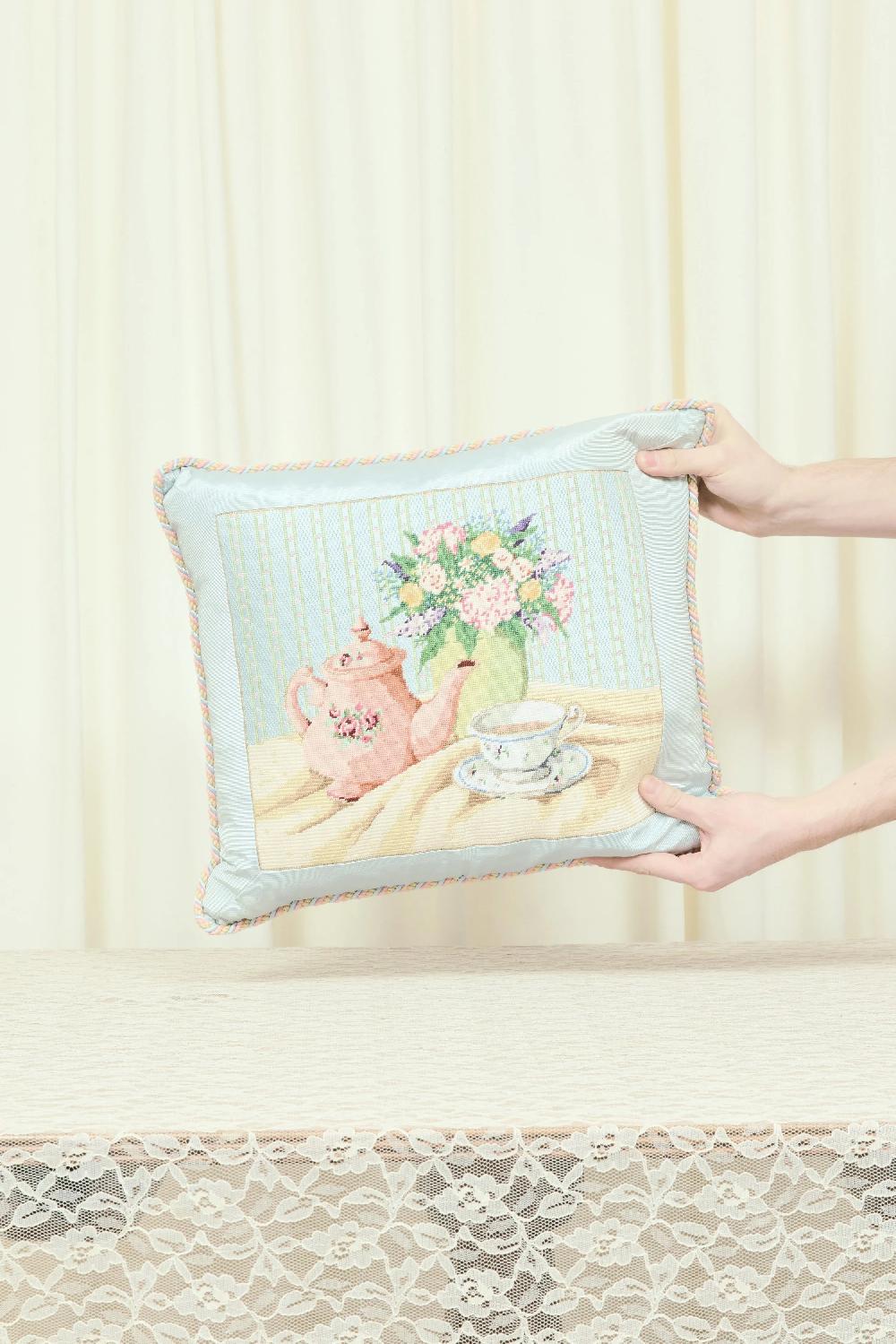 tanner fletcher Vintage Tea Scene Needlepoint Pillow