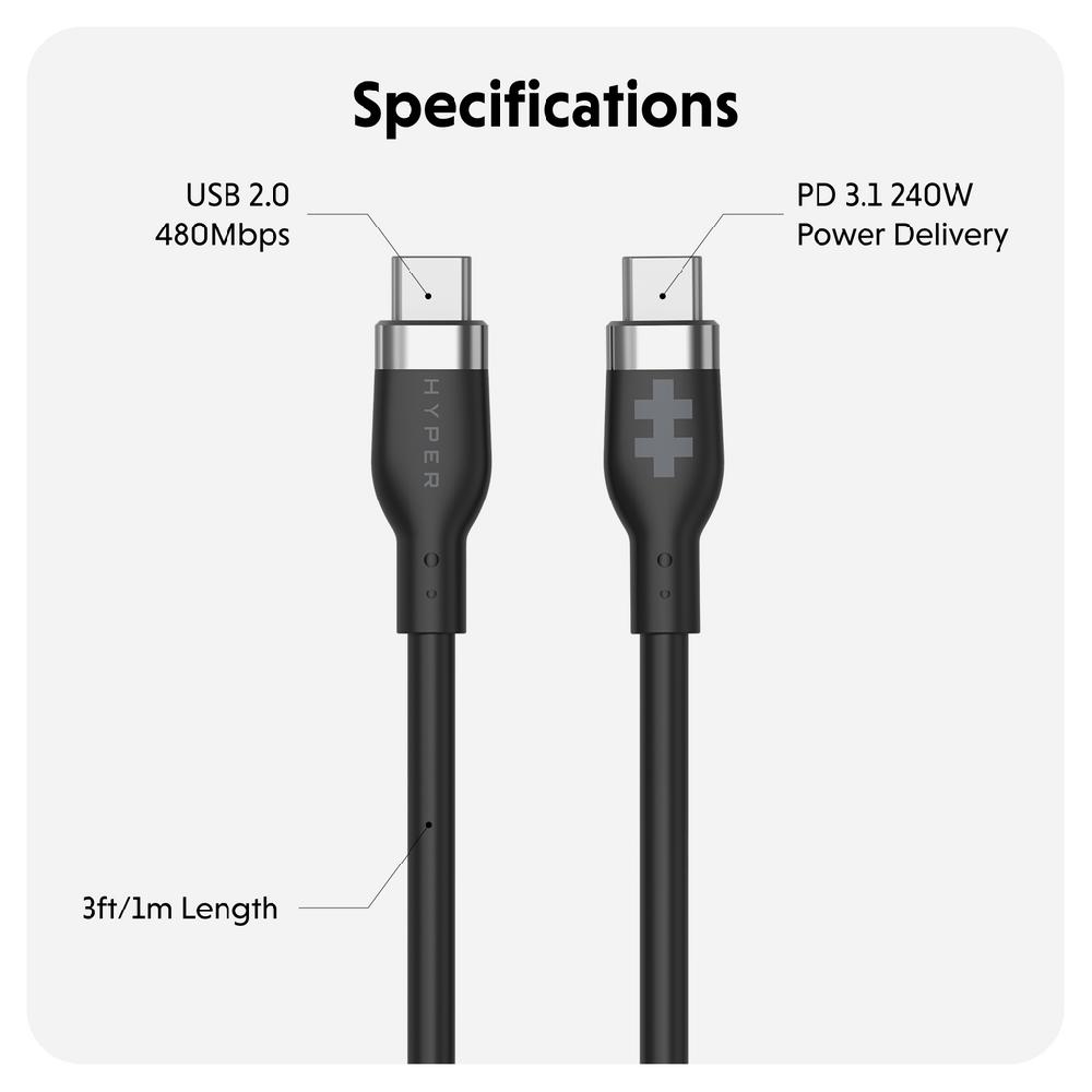 Targus HyperJuice 240W Silicone USB-C To USB-C Cable (3ft/1m) - Black