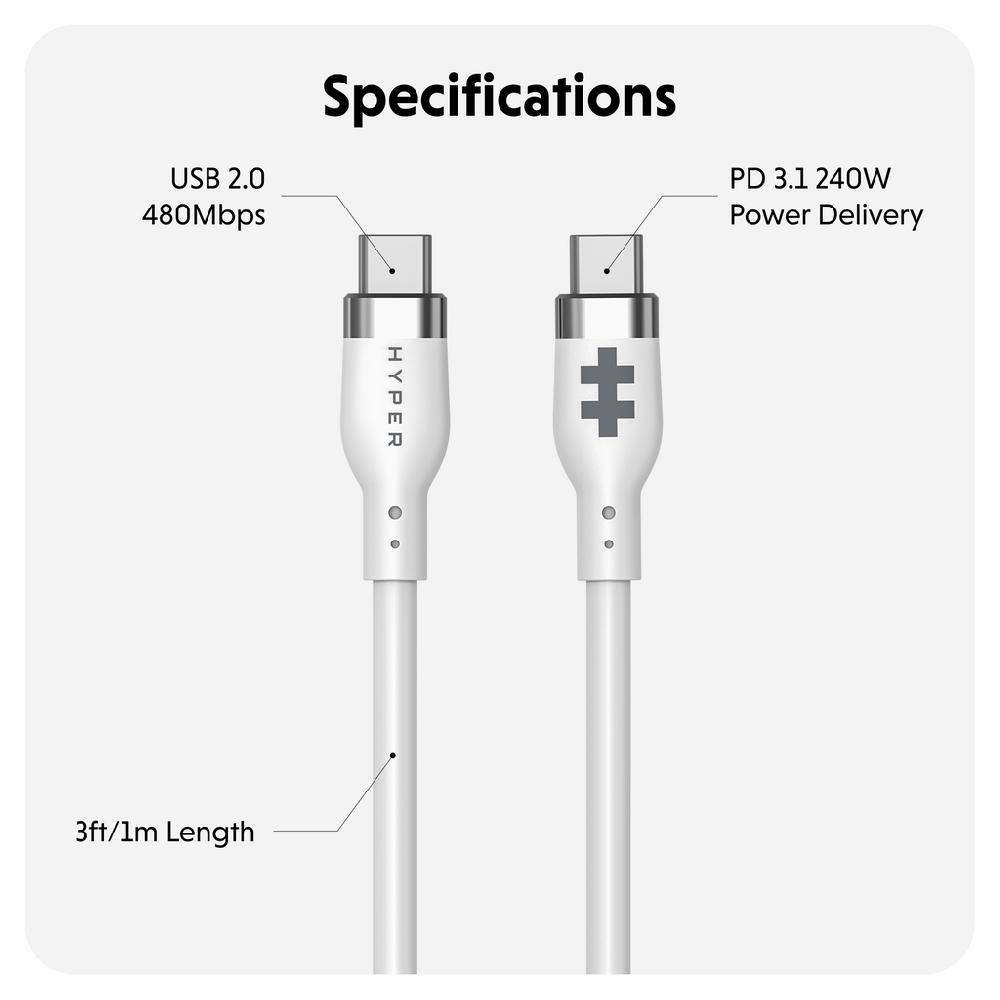 Targus HyperJuice 240W Silicone USB-C To USB-C Cable (3ft/1m) - White
