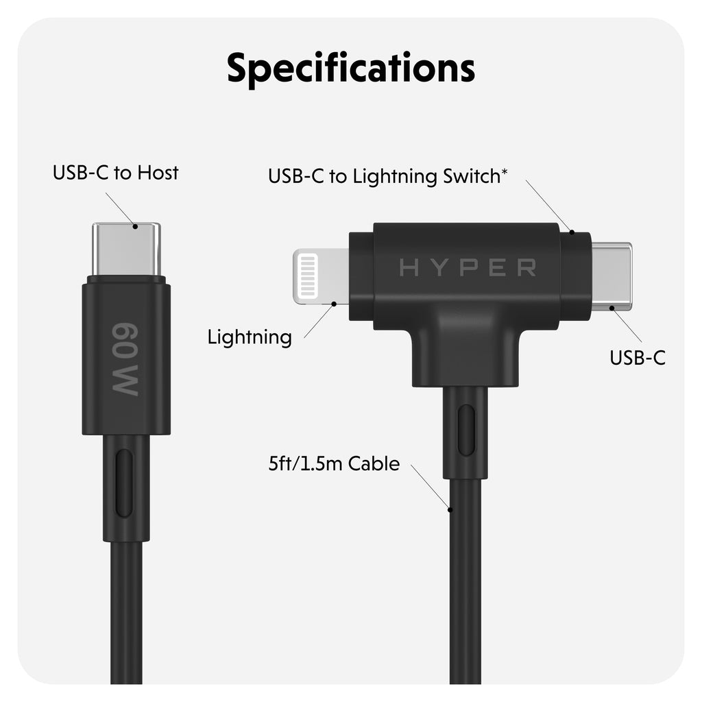 Targus HyperJuice USB-C And Lightning Hybrid Silicone Cable (1.5m/5ft) - Black
