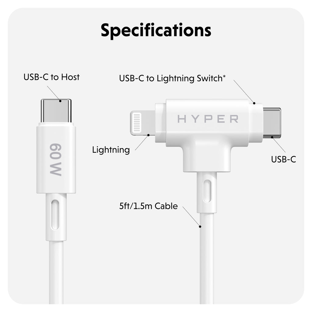 Targus HyperJuice USB-C And Lightning Hybrid Silicone Cable (1.5m/5ft) - White